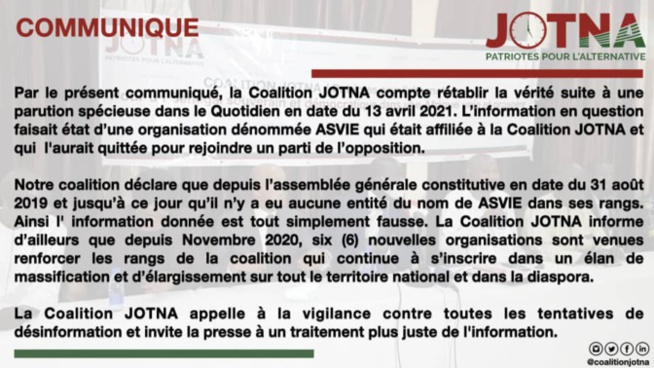 Fake News: La Coalition JOTNA dément avoir dans ses rangs une organisation, dénommée ASVIE Fake News: La Coalition JOTNA dément avoir dans ses rangs une organisation, dénommée ASVIE