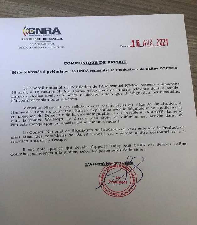 Régulation de l’audiovisuel : Les producteurs de la série « Thiey Adji Sarr » rencontrent le CNRA dimanche Régulation de l’audiovisuel : Les producteurs de la série « Thiey Adji Sarr » rencontrent le CNRA dimanche