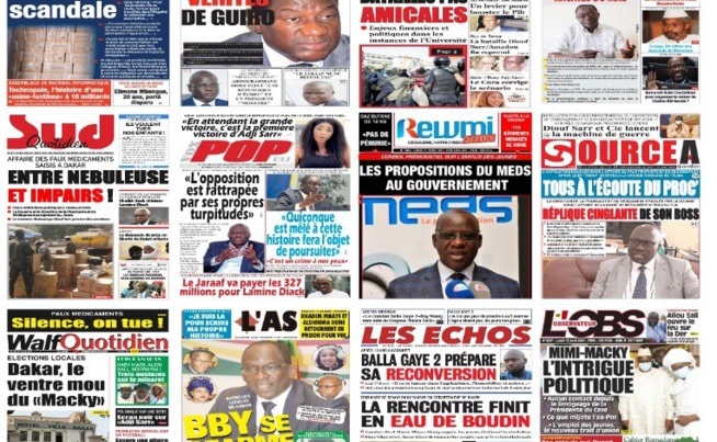 Actu-Kiosque : Les unes des quotidiens : Les révélations sur l’enquête des faux médicaments, le déconfinement de BBY, l’échec sur l’emploi des jeunes, Gana Gueye au Réal… Actu-Kiosque : Les unes des quotidiens : Les révélations sur l’enquête des faux médicaments, le déconfinement de BBY, l’échec sur l’emploi des jeunes, Gana Gueye au Réal…