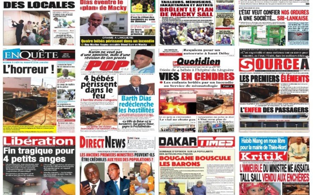 Actu-Kiosque : Les Unes des journaux : Triste histoire des 4 bébés décédés, Bougane en mode XXL, Pape Amadou Sarr prend parole, Ismaila Sarr fait remonter son équipe en premier League