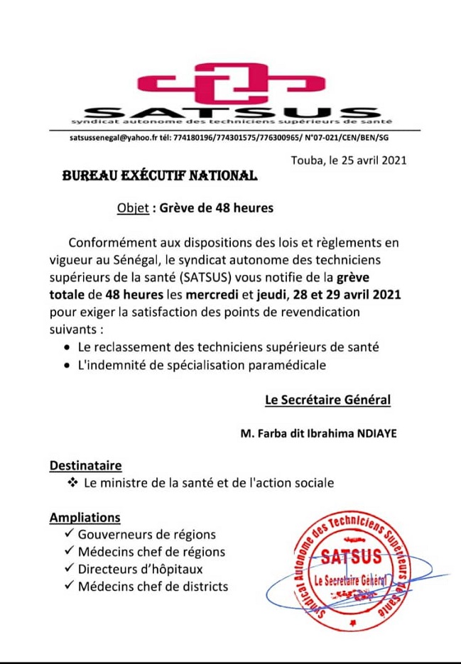 Alerte Santé : le SATSUS franchit le pas et entame une grève de 48 heures Alerte Santé : le SATSUS franchit le pas et entame une grève de 48 heures