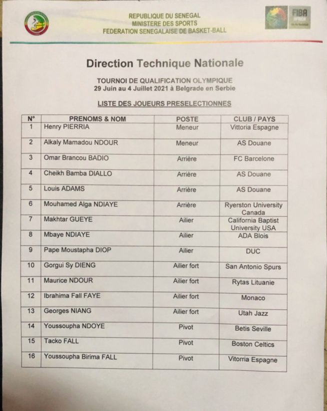 JO Tokyo: Liste des 16 « Lions » convoqués pour le tournoi qualificatif de Belgrade JO Tokyo: Liste des 16 « Lions » convoqués pour le tournoi qualificatif de Belgrade