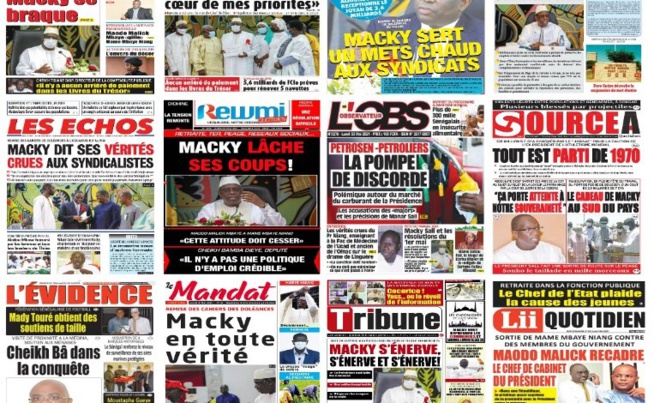 Les Unes des quotidiens : 1er Mai MACKY s’énerve devant les syndicalistes, Maodo Malick Mbaye recadre Mame Mbaye, SONKO tacle encore MACKY Sall, Edu le mu de Chelsea….