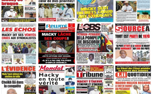 Les Unes des quotidiens : 1er Mai MACKY s’énerve devant les syndicalistes, Maodo Malick Mbaye recadre Mame Mbaye, SONKO tacle encore MACKY Sall, Edu le mu de Chelsea…. Les Unes des quotidiens : 1er Mai MACKY s’énerve devant les syndicalistes, Maodo Malick Mbaye recadre Mame Mbaye, SONKO tacle encore MACKY Sall, Edu le mu de Chelsea….