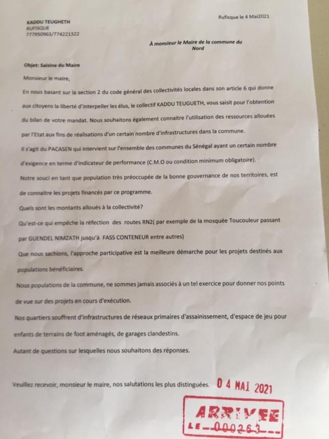Le collectif Kaddu Teungueth interpelle le maire de Rufisque Nord sur sa gestion et demande des explications sur l’utilisation des fonds du Pacasen… Le collectif Kaddu Teungueth interpelle le maire de Rufisque Nord sur sa gestion et demande des explications sur l’utilisation des fonds du Pacasen…