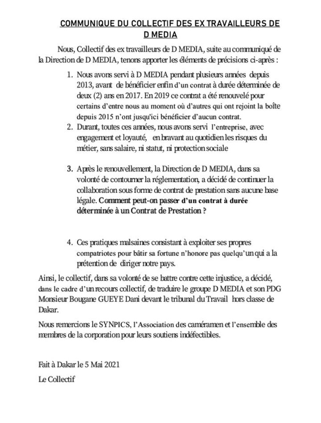 COMMUNIQUE DU COLLECTIF DES EX TRAVAILLEURS DE D MEDIA
