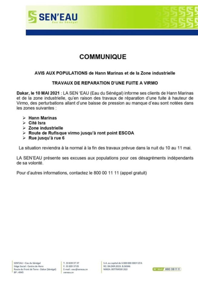 Distribution de l'eau: Sen'Eau annonce des perturbations dans certaines zones Distribution de l'eau: Sen'Eau annonce des perturbations dans certaines zones