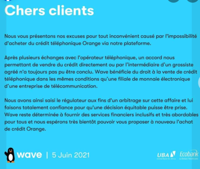 Achat de crédit téléphonique: Wave saisit le régulateur pour un arbitrage Achat de crédit téléphonique: Wave saisit le régulateur pour un arbitrage