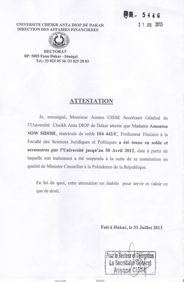 [Documents] Amsatou Sow Sidibé dément avoir été épinglée par le rapport d’audit de la Fonction publique