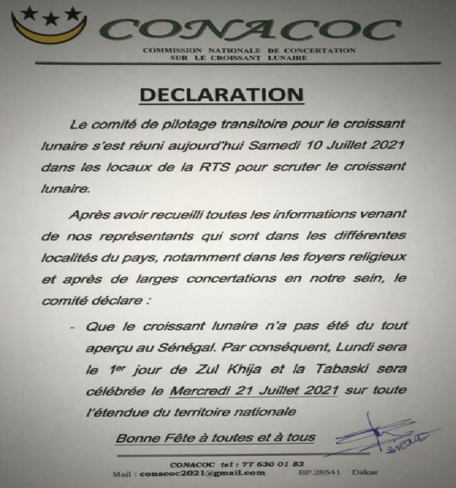 Sénégal : La Tabaski célébrée le mercredi 21 juillet 2021 (Source Officielle) Sénégal : La Tabaski célébrée le mercredi 21 juillet 2021 (Source Officielle)