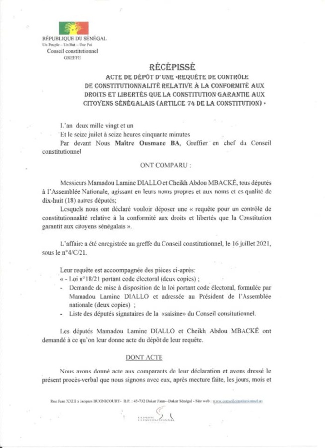 Modification du code électoral: Mamadou Lamine Diallo et Cheikh Abdou Mbacké déposent un recours devant le conseil constitutionnel Modification du code électoral: Mamadou Lamine Diallo et Cheikh Abdou Mbacké déposent un recours devant le conseil constitutionnel