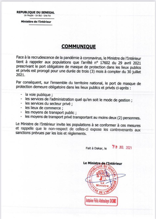 Covid-19: Le port du masque obligatoire prorogé de trois (3) mois