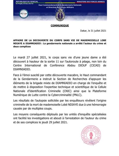 Meurtre de Lobé Ndiaye: La Gendarmerie annonce l'arrestation du criminel et ses complices Meurtre de Lobé Ndiaye: La Gendarmerie annonce l'arrestation du criminel et ses complices