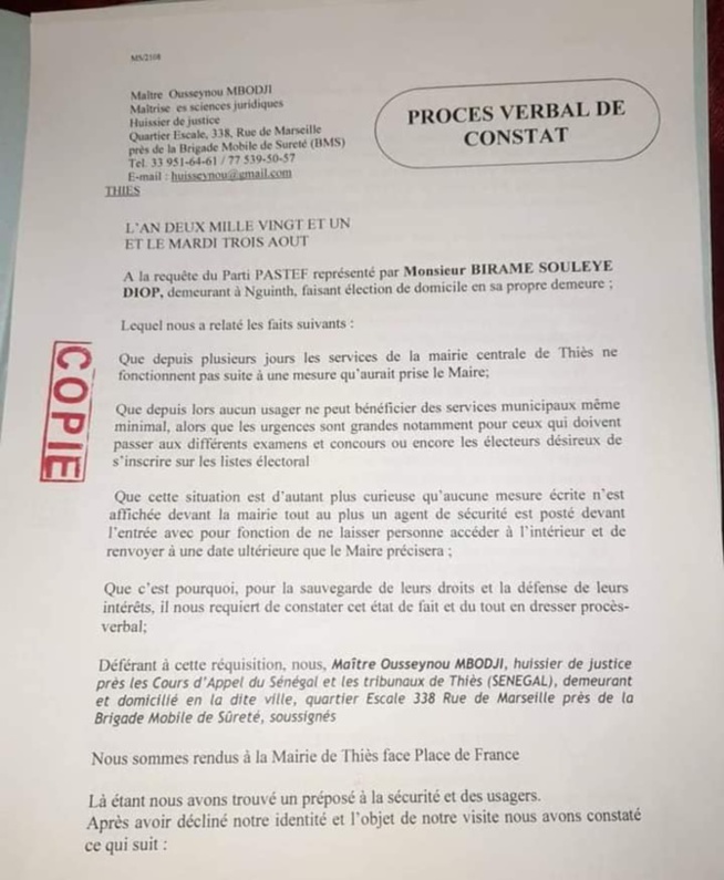 Fermeture services de l’état civil de Thiès: Pastef engage la bataille politique et judiciaire Fermeture services de l’état civil de Thiès: Pastef engage la bataille politique et judiciaire