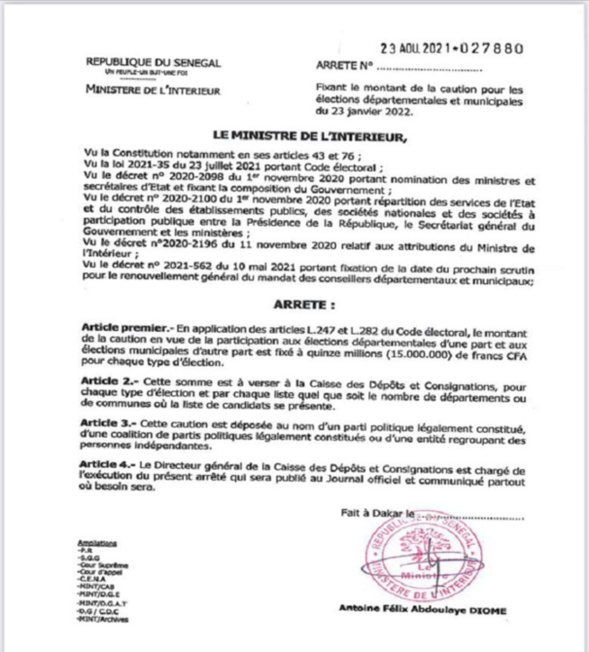 Elections départementales et municipales: La caution fixée à 15 millions FCfa Elections départementales et municipales: La caution fixée à 15 millions FCfa