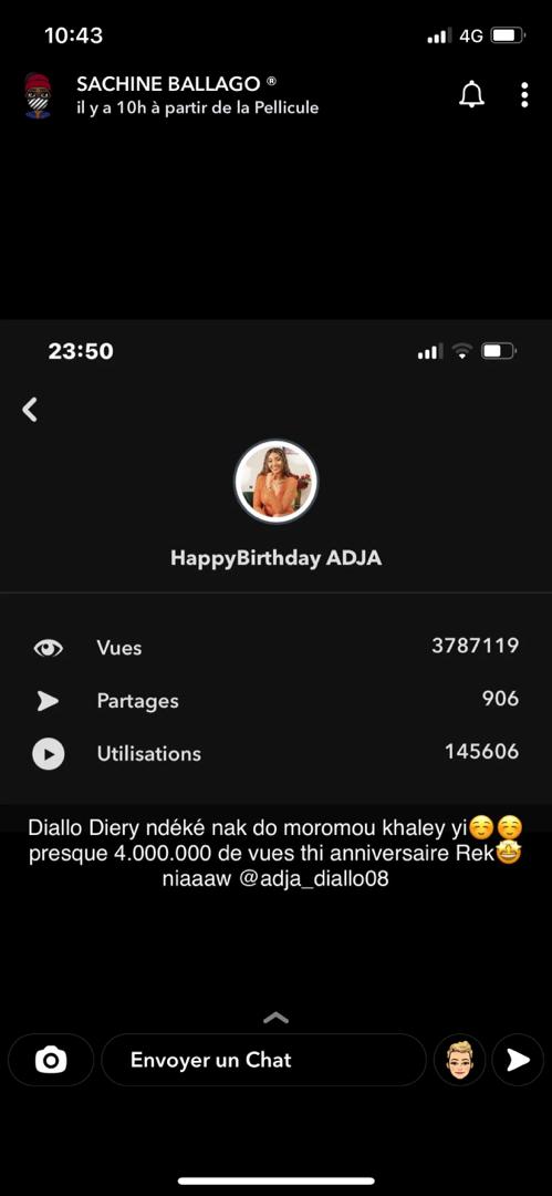 Anniversaire Adja Diallo bat le record des influenceurs: 3.787.119 vues sur snap en 5 jours Anniversaire Adja Diallo bat le record des influenceurs: 3.787.119 vues sur snap en 5 jours
