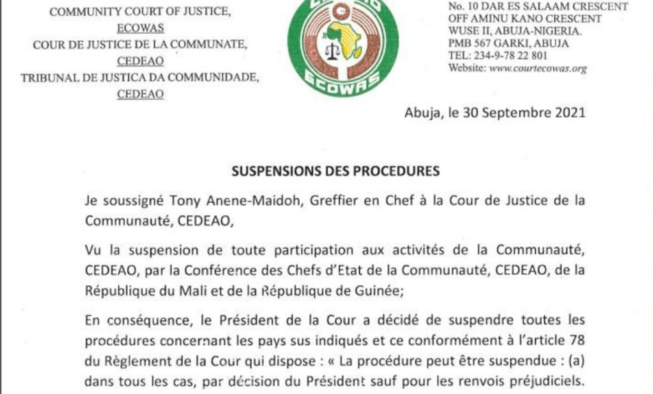 Cour de justice de la CEDEAO : Les procédures concernant la Guinée et le Mali suspendues (document) Cour de justice de la CEDEAO : Les procédures concernant la Guinée et le Mali suspendues (document)