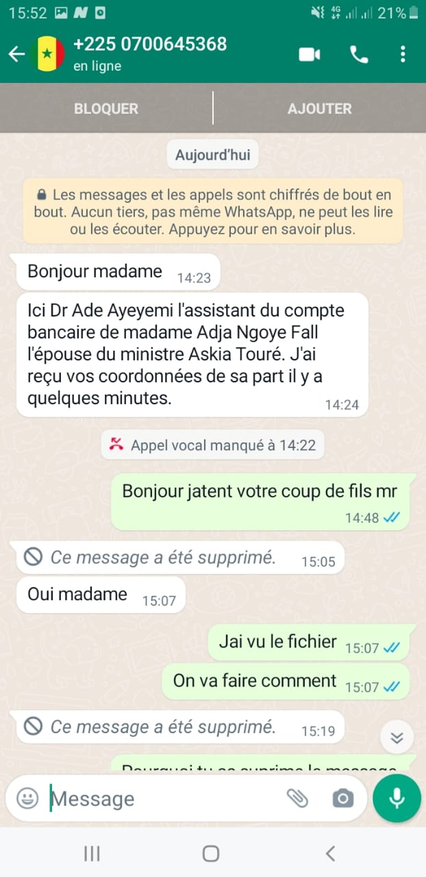 ATTENTION ARNAQUE: Le sieur Dr Ade Ayeyemi utilise le nom de Adja Nfgoye Fall épouse d'Askia Touré pour arnaquer.