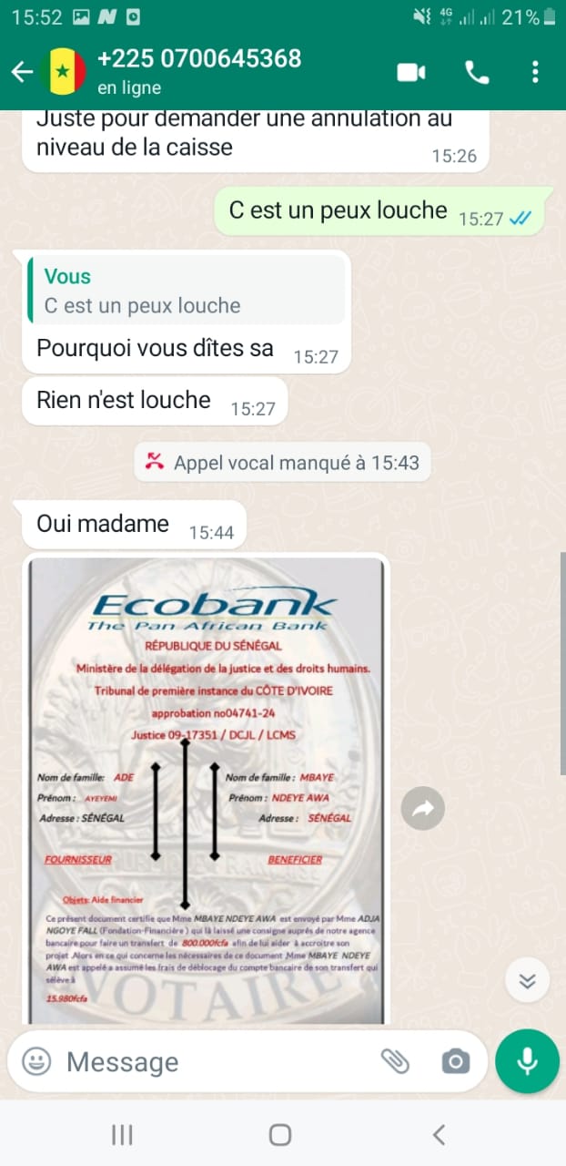 ATTENTION ARNAQUE: Le sieur Dr Ade Ayeyemi utilise le nom de Adja Nfgoye Fall épouse d'Askia Touré pour arnaquer.