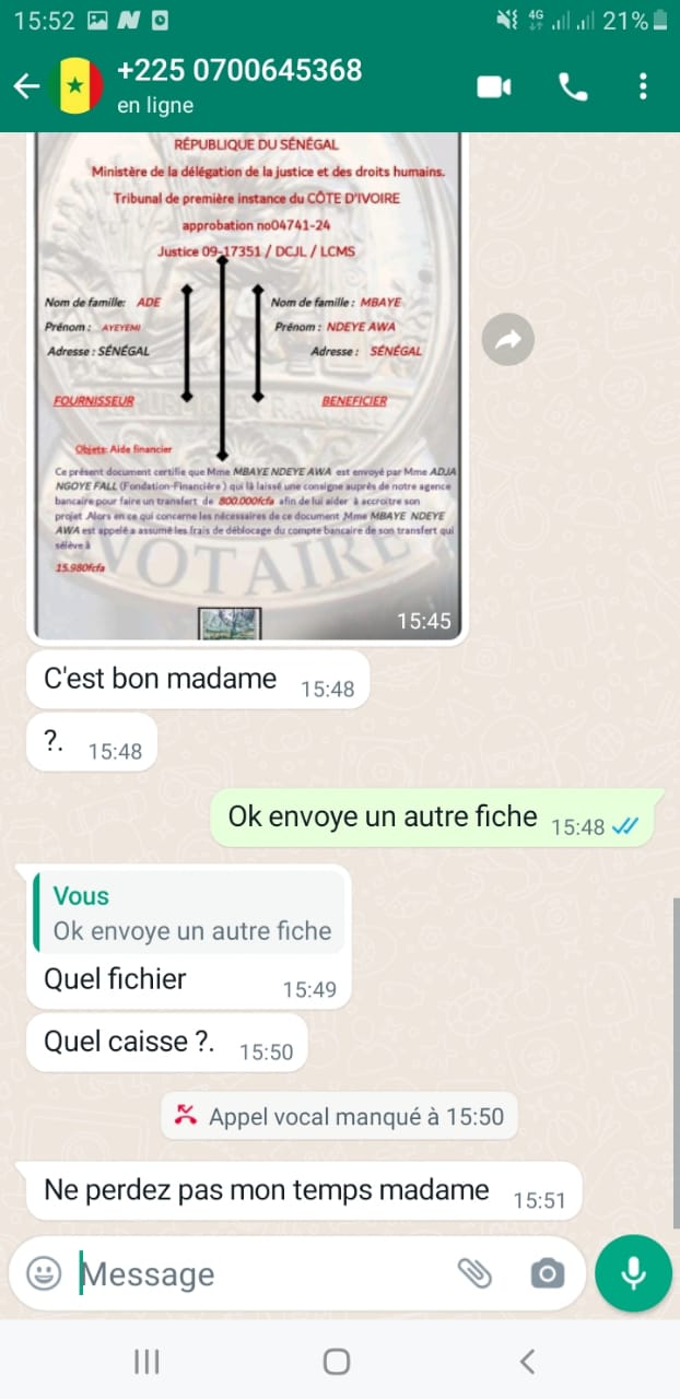 ATTENTION ARNAQUE: Le sieur Dr Ade Ayeyemi utilise le nom de Adja Nfgoye Fall épouse d'Askia Touré pour arnaquer.
