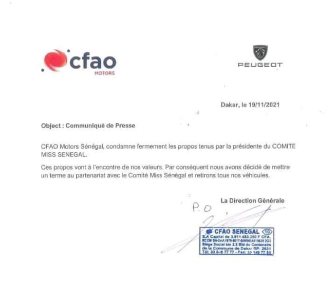 AMINA BADIANE EN FLAGRANT DÉLIT D'APOLOGIE DU VIOL : Cfao "déchire" son partenariat avec le comité Miss Sénégal AMINA BADIANE EN FLAGRANT DÉLIT D'APOLOGIE DU VIOL : Cfao "déchire" son partenariat avec le comité Miss Sénégal