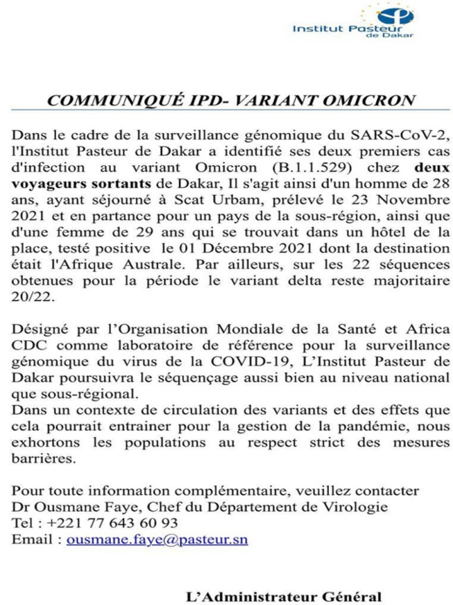 Covid-19 -les choses se corsent : Après Iressef, l’institut Pasteur annonce deux autres cas du variant Omicron Covid-19 -les choses se corsent : Après Iressef, l’institut Pasteur annonce deux autres cas du variant Omicron