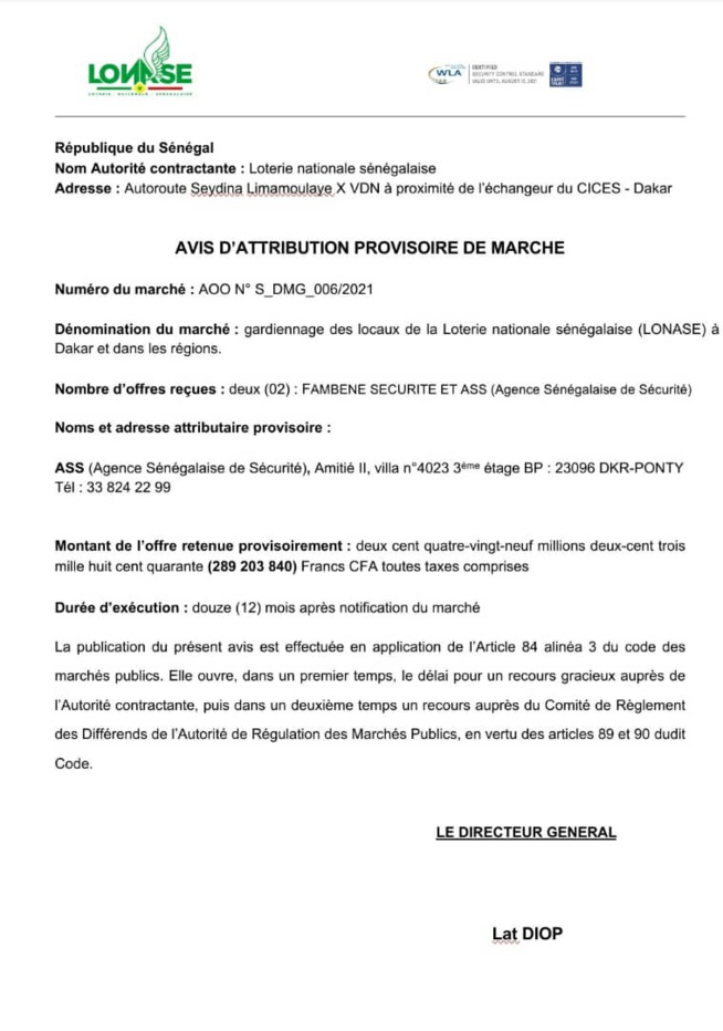 LONASE SENEGAL: AVIS D’ATTRIBUTION PROVISOIRE DE MARCHE