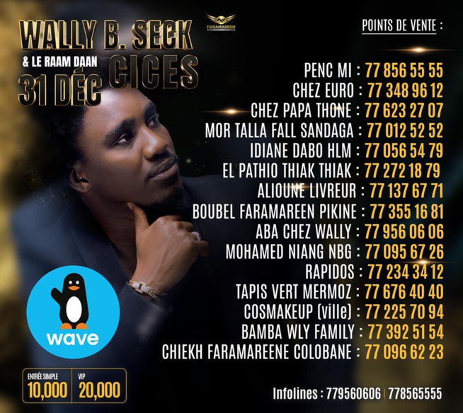 Wally Seck le 31 décembre au CICES avec le bal des Faramarens voici les points de ventes des tickets. Wally Seck le 31 décembre au CICES avec le bal des Faramarens voici les points de ventes des tickets.