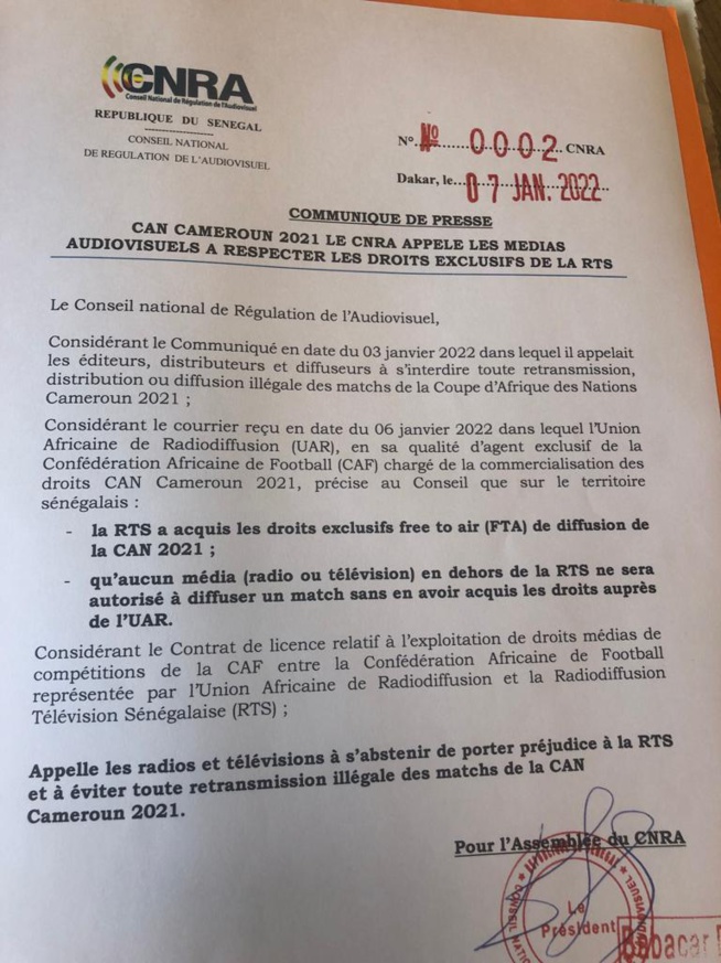 Le CNRA appelle les médias à respecter les droits exclusifs de la RTS Le CNRA appelle les médias à respecter les droits exclusifs de la RTS