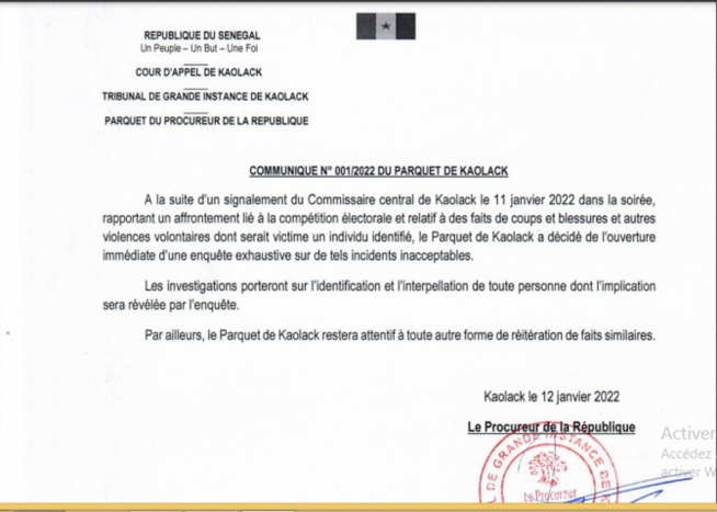 Incidents électoraux: Le Parquet de Kaolack annonce l’ouverture immédiate d’une enquête exhaustive Incidents électoraux: Le Parquet de Kaolack annonce l’ouverture immédiate d’une enquête exhaustive