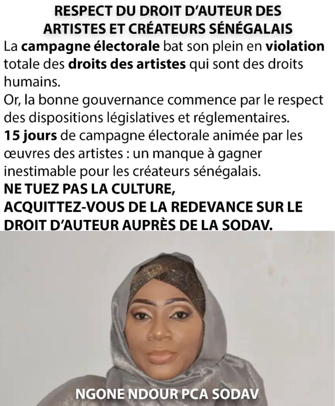 Campagne électorale, Ngone Ndour PCA SODAVE tire sur la violation des droits d'auteurs des artistes. Campagne électorale, Ngone Ndour PCA SODAVE tire sur la violation des droits d'auteurs des artistes.