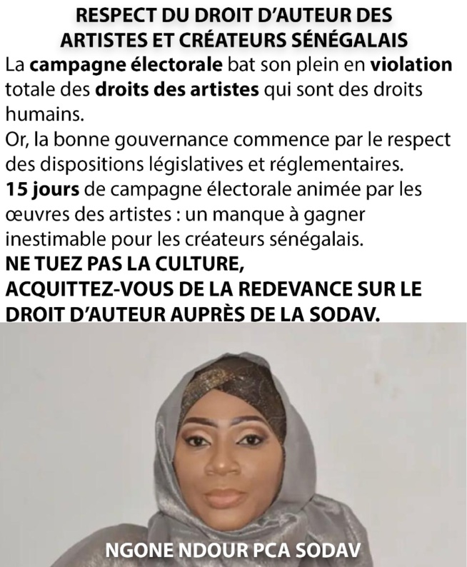 Campagne électorale, Ngone Ndour PCA SODAVE tire sur la violation des droits d'auteurs des artistes.