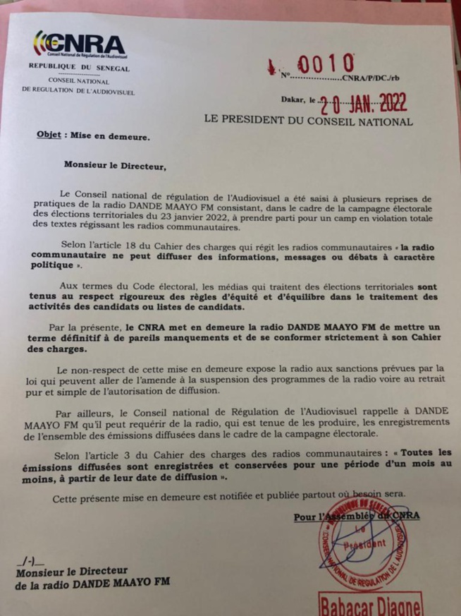 Le CNRA met en demeure Dande Maayo Fm Le CNRA met en demeure Dande Maayo Fm