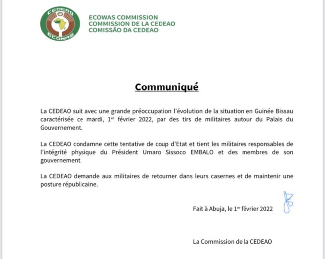 Guinée Bissau : La Cedeao condamne une tentative de coup d’Etat et tient les militaires pour responsables de l’intégrité physique du Président Embalo Guinée Bissau : La Cedeao condamne une tentative de coup d’Etat et tient les militaires pour responsables de l’intégrité physique du Président Embalo