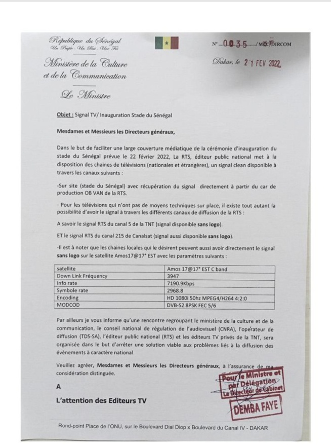 Inauguration du stade Abdoulaye Wade : La RTS donne un signal sans logo aux télévisions privées Inauguration du stade Abdoulaye Wade : La RTS donne un signal sans logo aux télévisions privées
