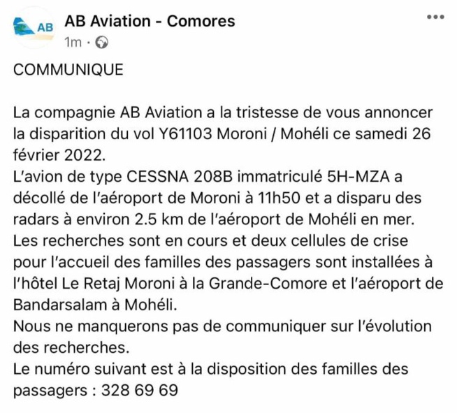 Vendredi noir au Comores avec la visite de MACKY SALL : un avion de la compagnie AB Aviation porté disparu