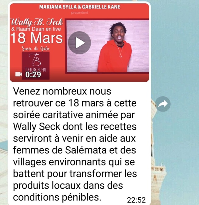Soirée caritative le 18 Mars avec Wally Seck au Terrou Bi Place réservez vos tables.