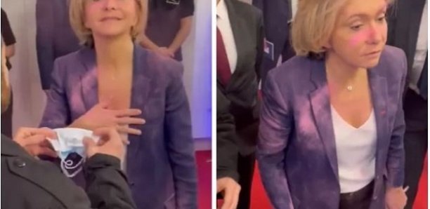 Valérie Pécresse aspergée de poudre rose en marge d’un débat Valérie Pécresse aspergée de poudre rose en marge d’un débat