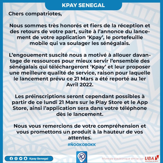 Mobile Monney : K’Pay Salue L’engouement Suscité Chez Les Sénégalais Depuis Son Lancement Mobile Monney : K’Pay Salue L’engouement Suscité Chez Les Sénégalais Depuis Son Lancement