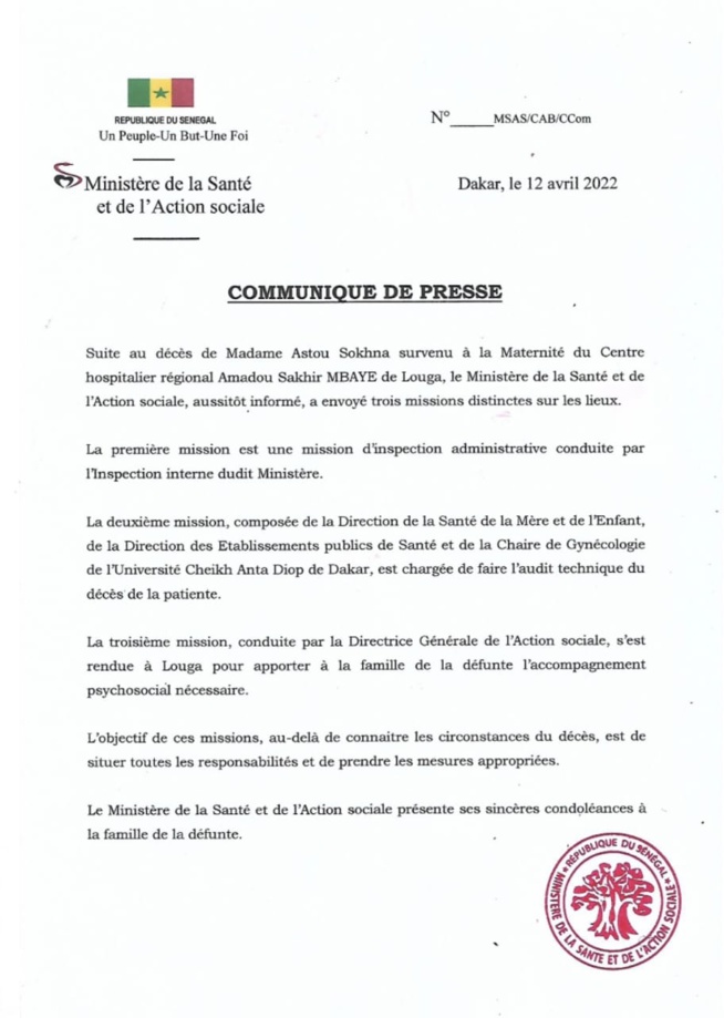 Communique de Presse du ministère de la santé suite au décès de Astou Sokhna Kane à l'hôpital Amadou Sakhir Mbaye de Louga Communique de Presse du ministère de la santé suite au décès de Astou Sokhna Kane à l'hôpital Amadou Sakhir Mbaye de Louga