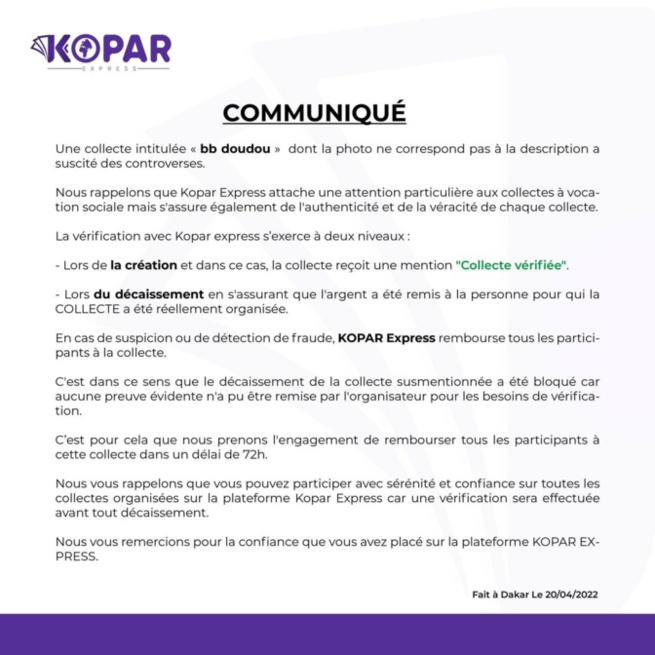 Controverses autour de la collecte "bb Doudou" : les precisions de Kopar Express Controverses autour de la collecte "bb Doudou" : les precisions de Kopar Express