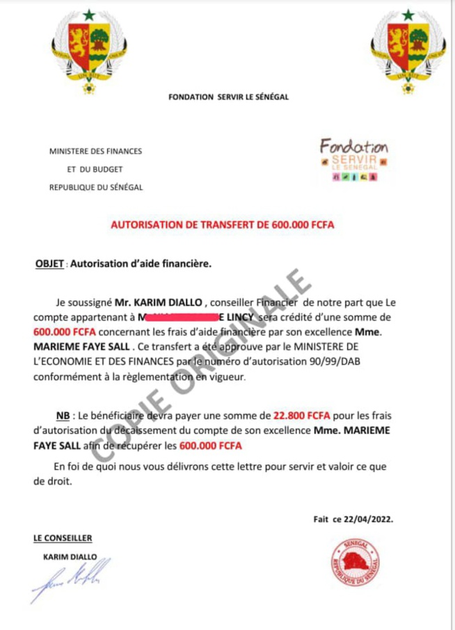 Arnaque via un prétendu financement : Voici comment des malfrats utilisent la Fondation Servir le Sénégal et le Ministère des Finances Arnaque via un prétendu financement : Voici comment des malfrats utilisent la Fondation Servir le Sénégal et le Ministère des Finances