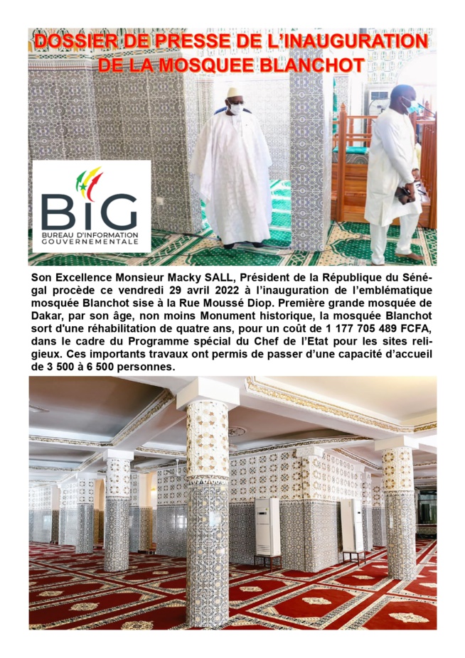 La mosquée Blanchot sort d'une réhabilitation de quatre ans, pour un coût de 1.177.705.489 FCFA ( Macky Sall ) La mosquée Blanchot sort d'une réhabilitation de quatre ans, pour un coût de 1.177.705.489 FCFA ( Macky Sall )