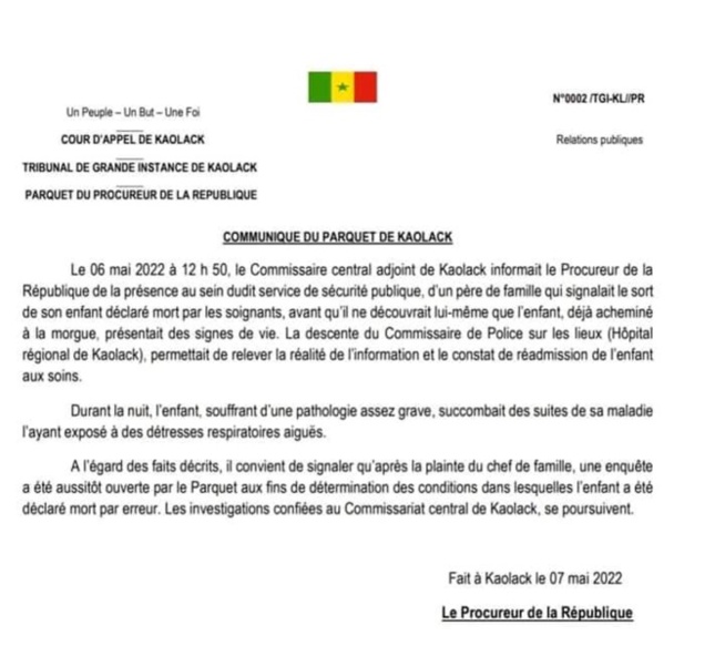 Affaire du bébé décédé à l’hôpital régional de Kaolack: Une enquête ouverte Affaire du bébé décédé à l’hôpital régional de Kaolack: Une enquête ouverte