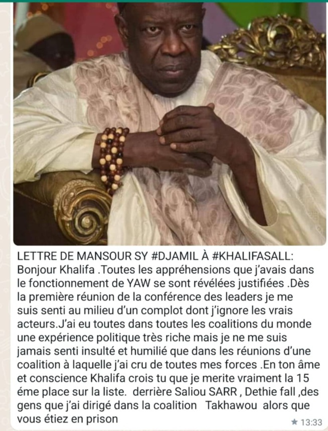 Mansour Sy Djamil à Khalifa Sall : "Crois tu que je mérite cette 15ème place sur cette liste ? Je ne me suis jamais senti humilié que..." Mansour Sy Djamil à Khalifa Sall : "Crois tu que je mérite cette 15ème place sur cette liste ? Je ne me suis jamais senti humilié que..."