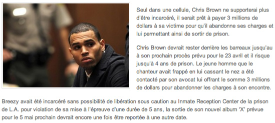 Chris Brown prêt á payer 3 millions de Dollars pour sortir de prison !
