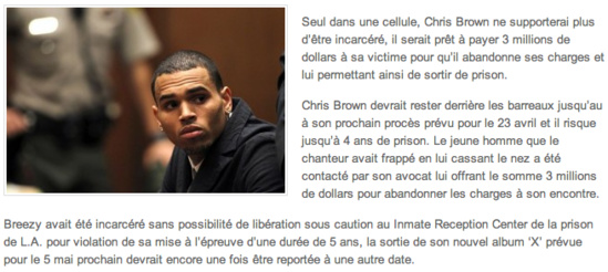 Chris Brown prêt á payer 3 millions de Dollars pour sortir de prison ! Chris Brown prêt á payer 3 millions de Dollars pour sortir de prison !