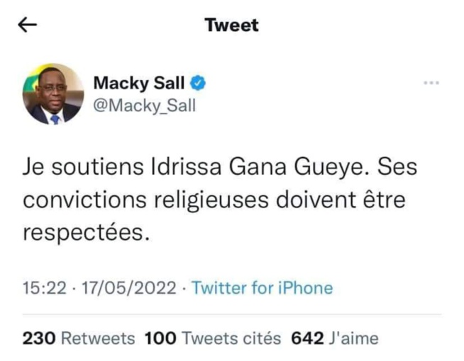 Refus de porter un maillot LGBT: Idrissa Gana Gueye défendu par Macky Sall Refus de porter un maillot LGBT: Idrissa Gana Gueye défendu par Macky Sall