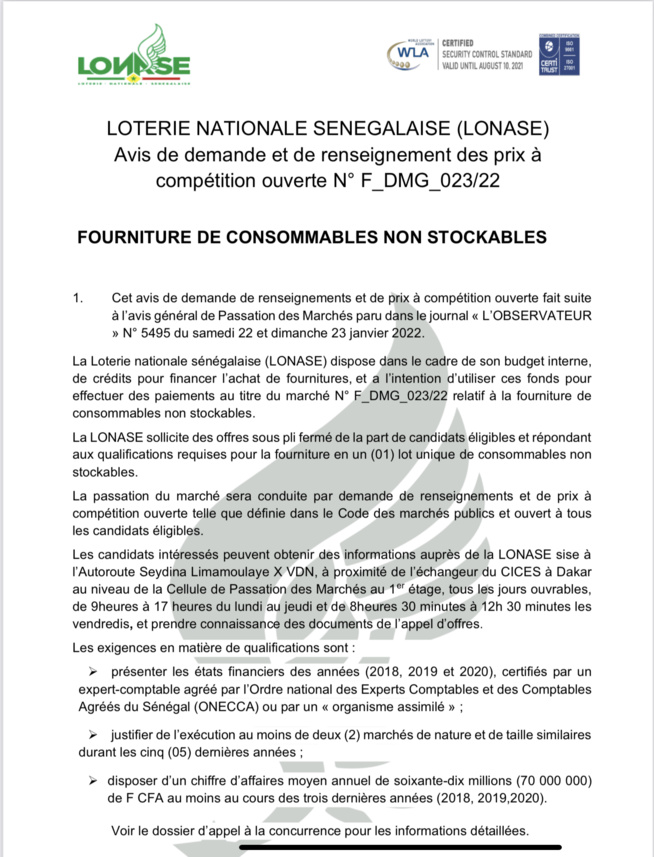 LONASE. AVIS de demande et de renseignement des prix à compétition ouverte F DMG 023/22 LONASE. AVIS de demande et de renseignement des prix à compétition ouverte F DMG 023/22
