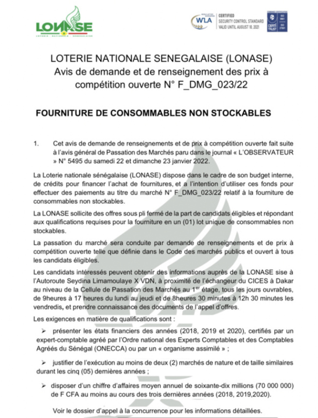 LONASE. AVIS de demande et de renseignement des prix à compétition ouverte F DMG 023/22 LONASE. AVIS de demande et de renseignement des prix à compétition ouverte F DMG 023/22